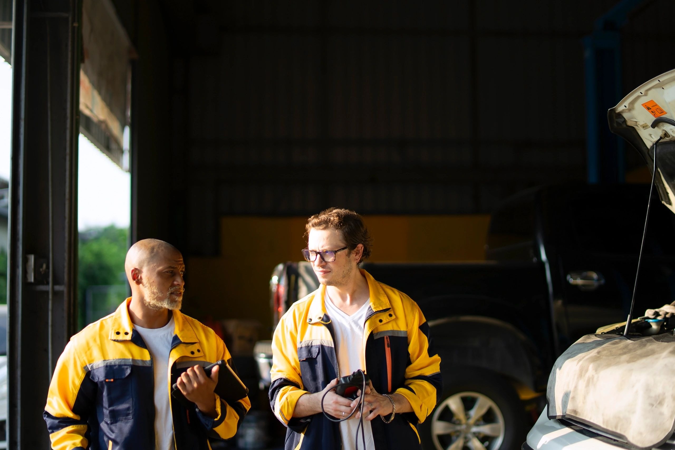Automotive technicians performing ADAS calibration